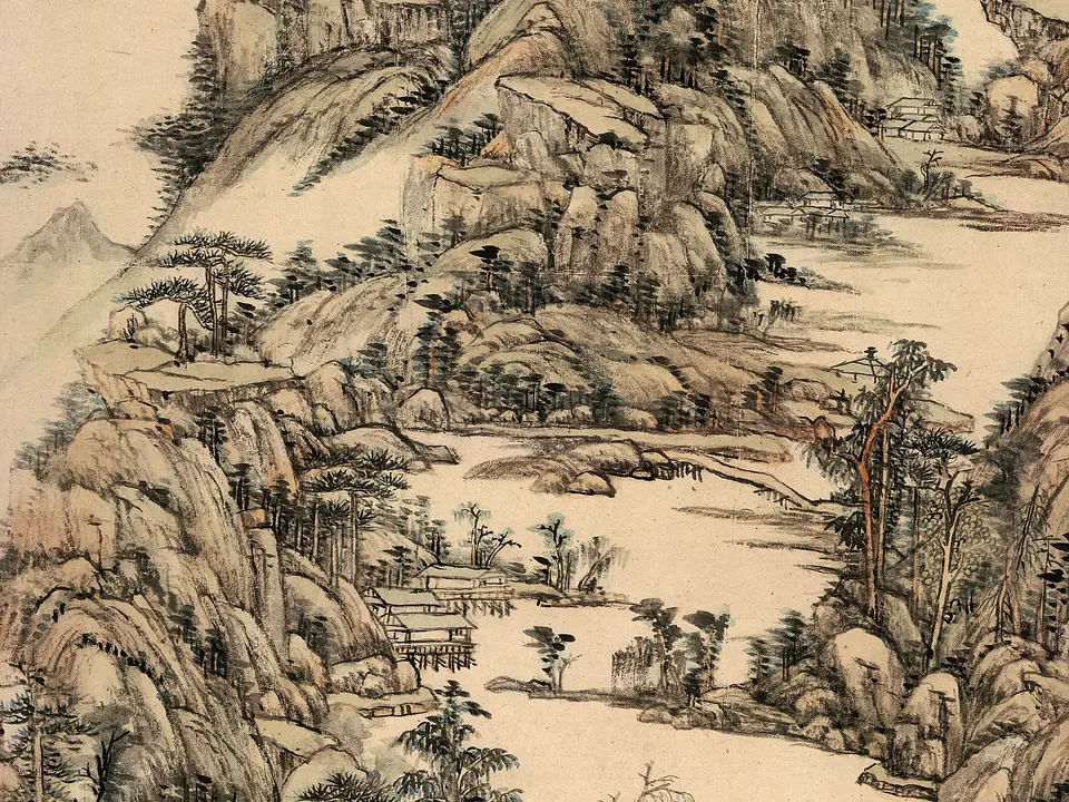 清代王原祁《山中早春图》全幅,纸本水墨,100 × 44.7 cm