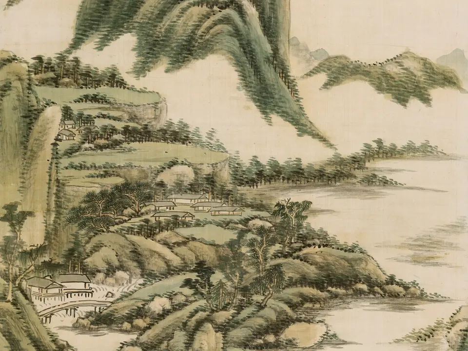 清代王原祁《仿黄公望设色山水图》全幅，122 x 52.8 cm