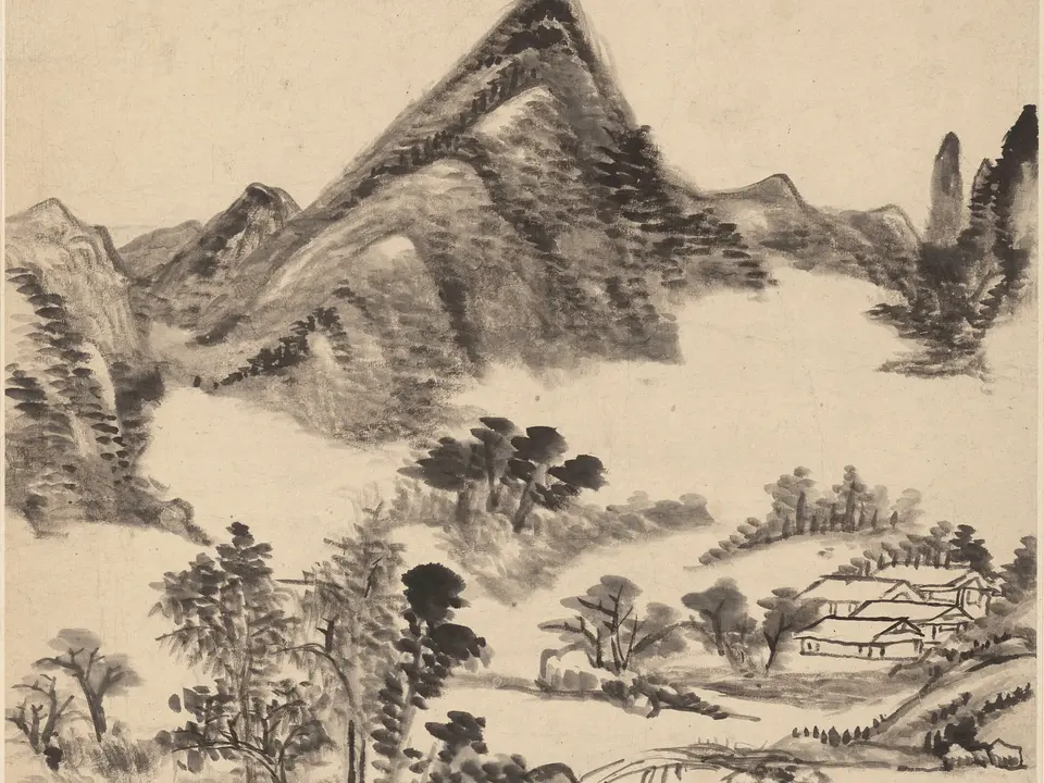 清代王原祁《山水十二开》全幅,纸本水墨,31.7 × 49.4 cm