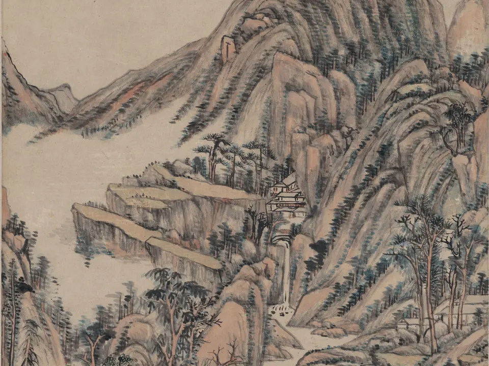清代王原祁《仿大痴山水图》全幅，纸本水墨，49.3 × 91.2 cm
