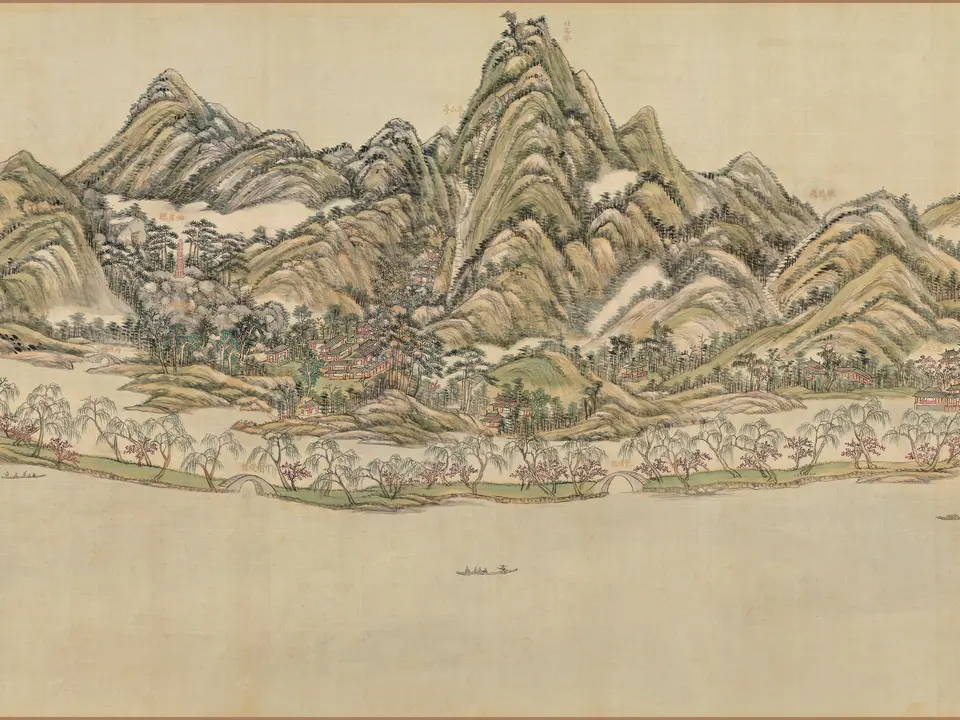 清代王原祁《西湖十景图卷》全幅,绢本设色