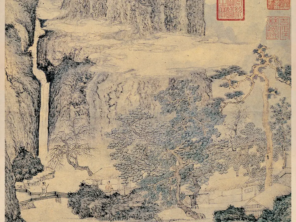 明代文徵明《绿荫草堂图》全幅，纸本水墨，35 × 68.6 cm，约16世纪中期