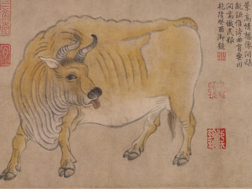 唐代韩滉《五牛图》全幅,麻纸本设色,20.8 × 139.8 cm,约8世纪