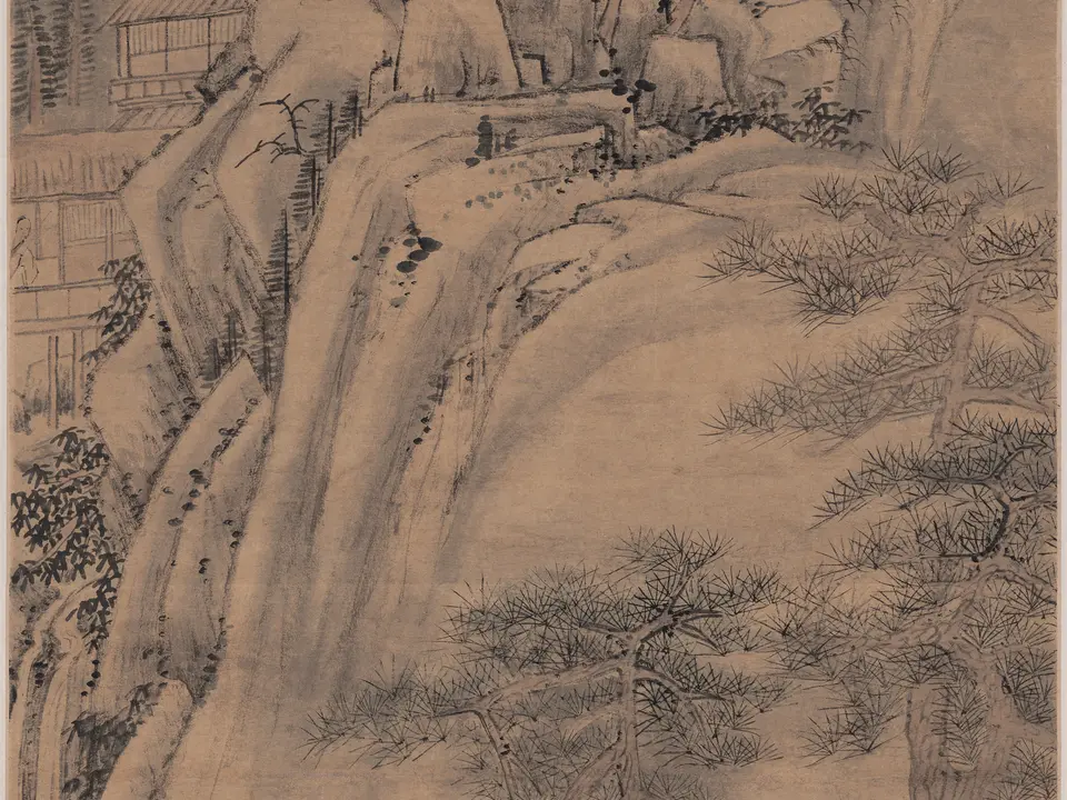 清代萧云从《秋岭山泉图》全幅，纸本，45.6 × 165.3 cm