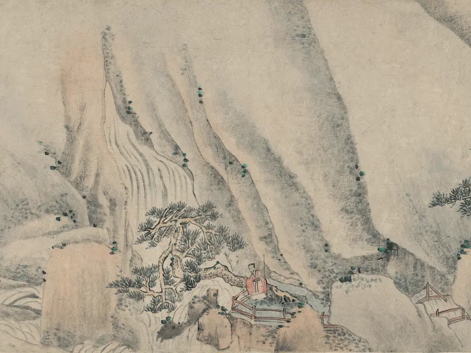 清代萧云从《烟鬟秋色图》全幅，纸本，571.7 × 29.1 cm
