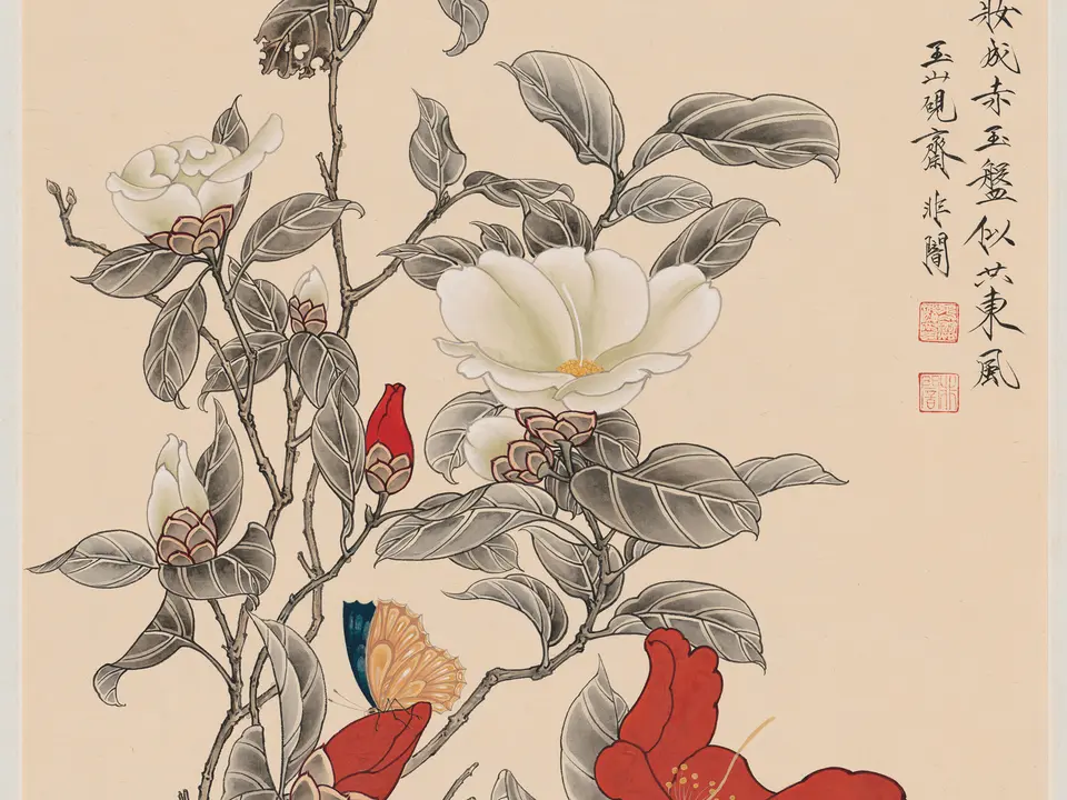 红白茶花轴，清末