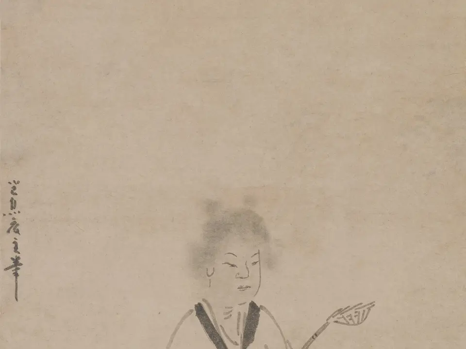 元代因陀罗《灵照女鬻笊篱图》全幅,绢本设色,70.3 × 27.7 cm