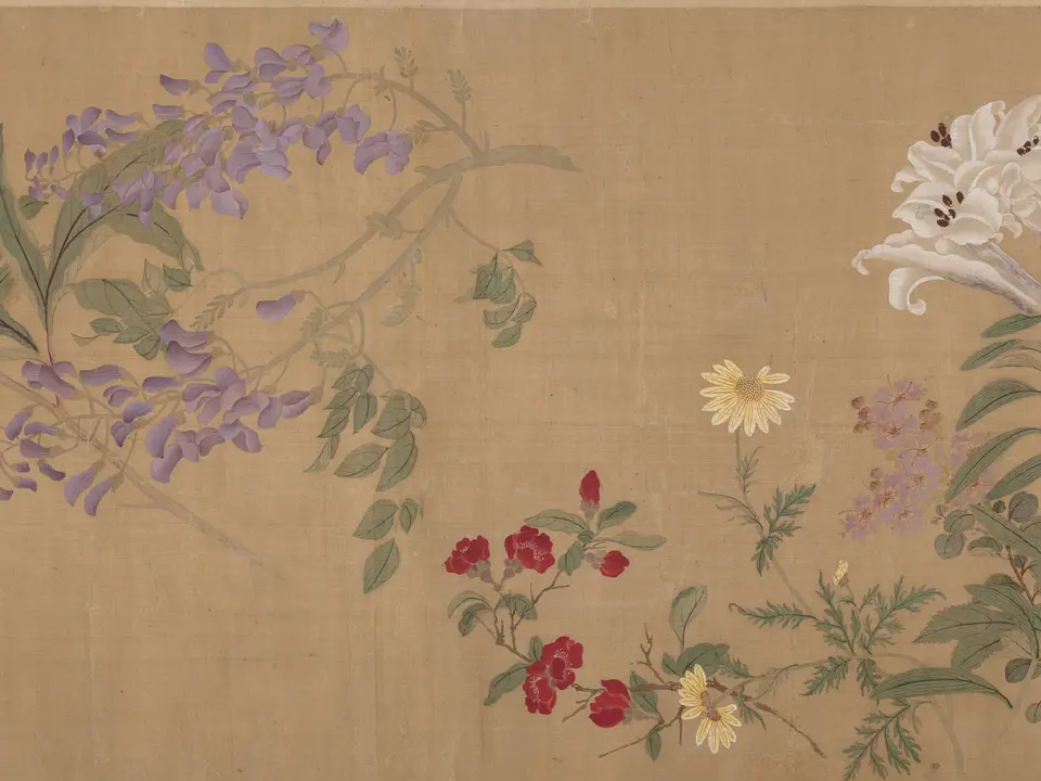 清代恽寿平《百花图卷》全幅,绢本设色,32 × 228 cm,约17世纪