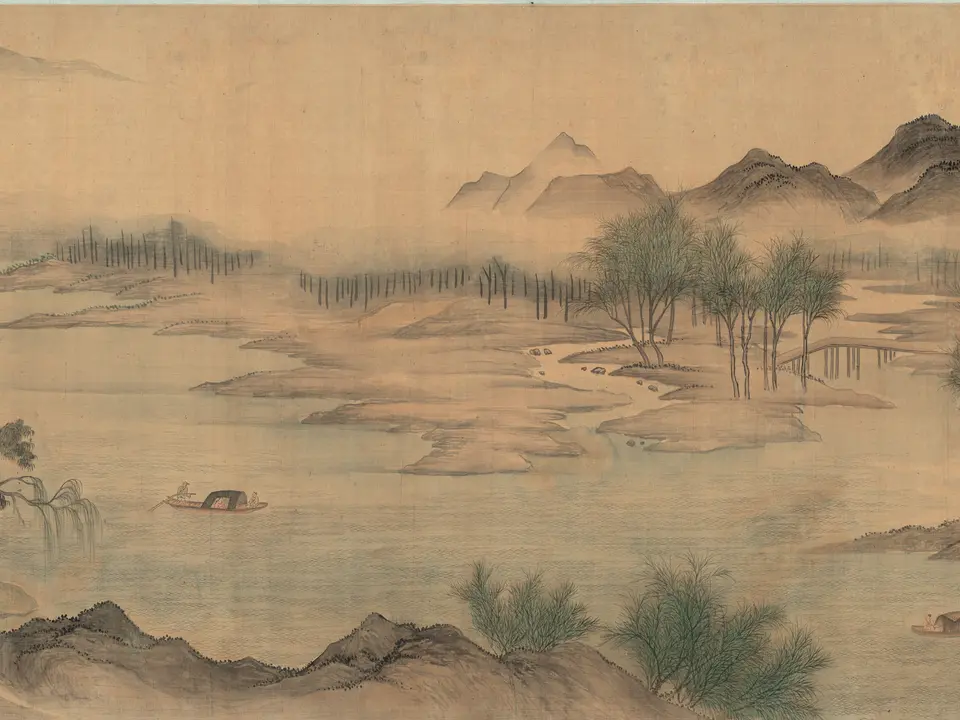 清代恽寿平《湖山春暖图》全幅，绢本设色