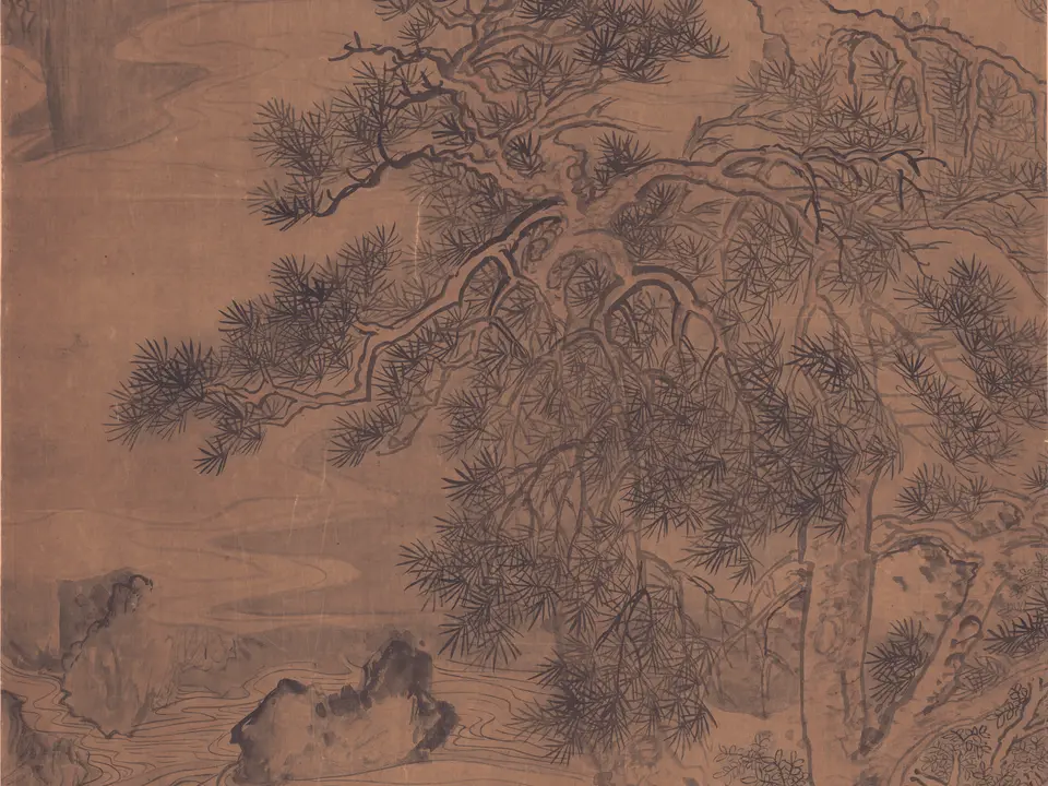 清代恽寿平《双松流溪图》全幅，绢本设色，71.4 × 173 cm