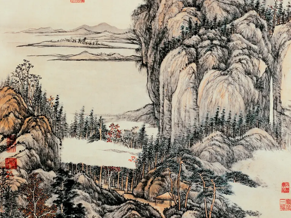 清代张宗苍《山水图》全幅，纸本，144.6 × 75.3 cm