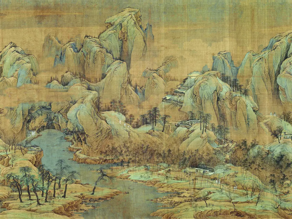 宋代·南宋赵伯驹《江山秋色图卷》全幅,绢本设色,55.6 × 341 cm,约12世纪