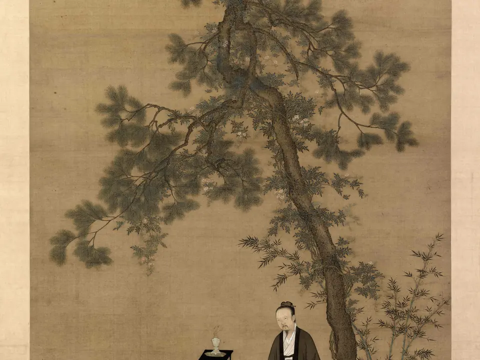 宋代·北宋赵佶（传）《听琴图》全幅，绢本设色，147.2 × 51.3 cm，约12世纪