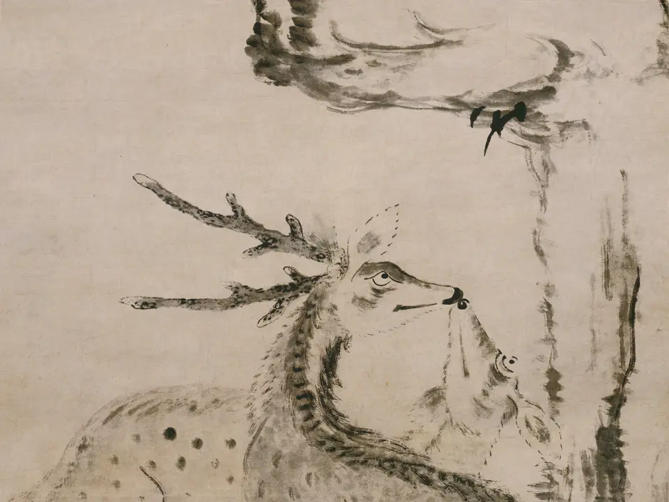 清代朱耷《双鹿图》全幅,纸本水墨,164.2 × 91 cm